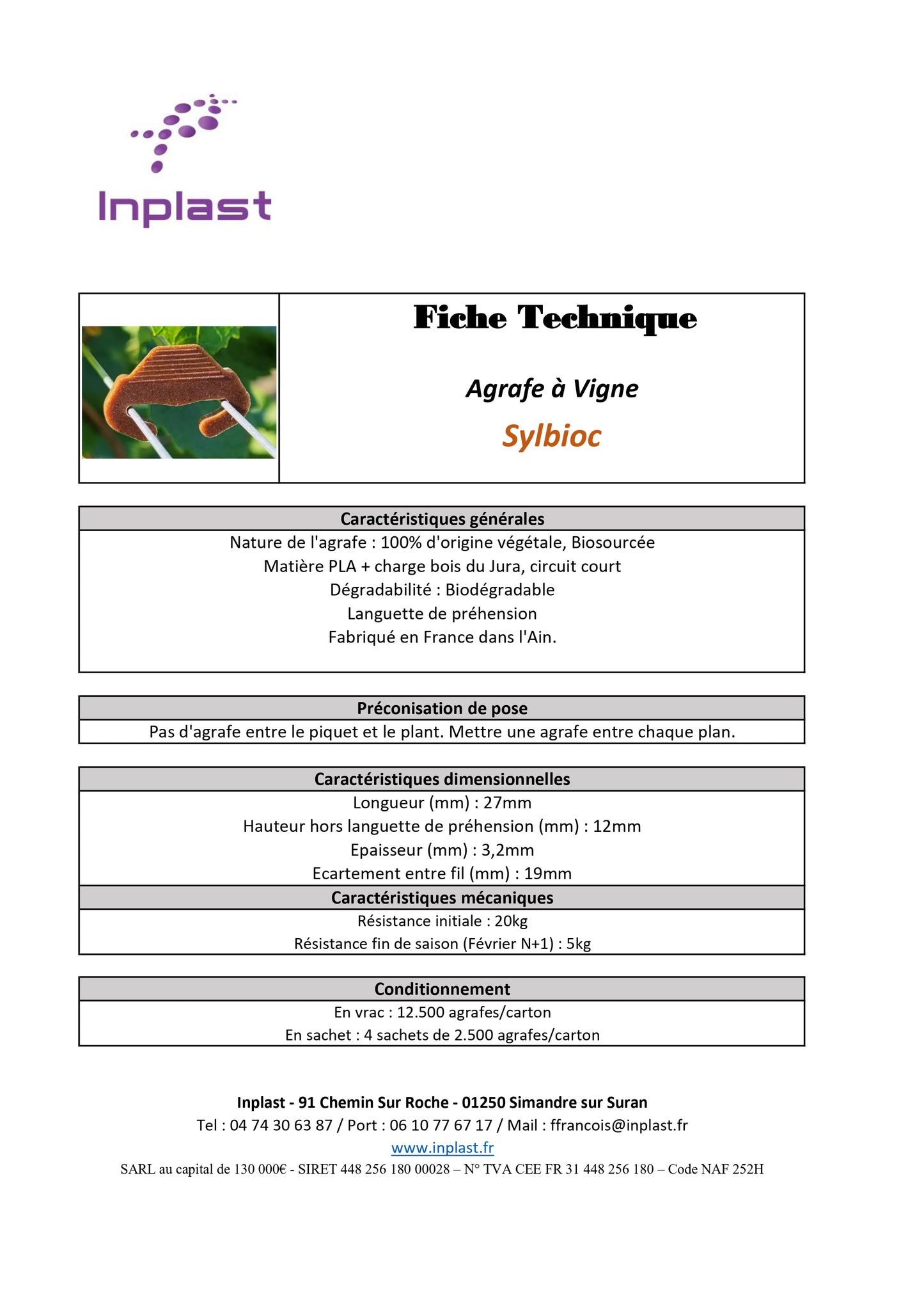 SYLBIOC L'agrafe Biosourcée et Biodégradable, 100% d'origine végétale, Maïs et Bois du Jura. Résistance neuve : 20 kg.